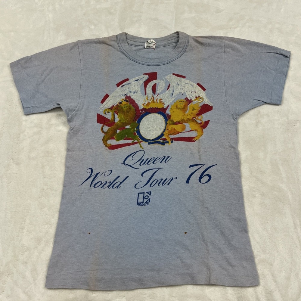 Queen World Tour 76 T-Shirt Unisex Small Blue Vintage Band Tee Elektra 70s Rock